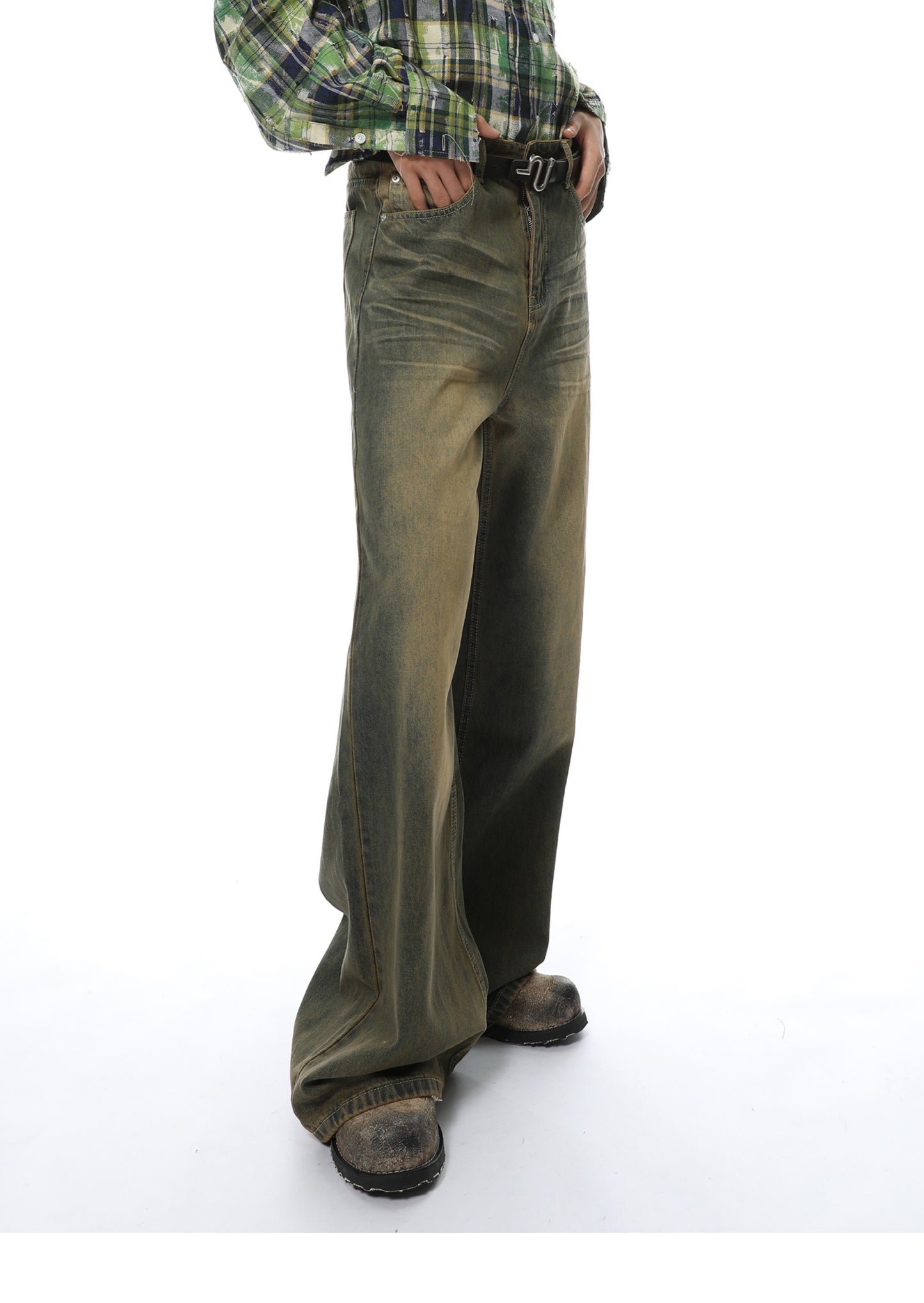 Loose Straight Washed Textured Denim Pants
