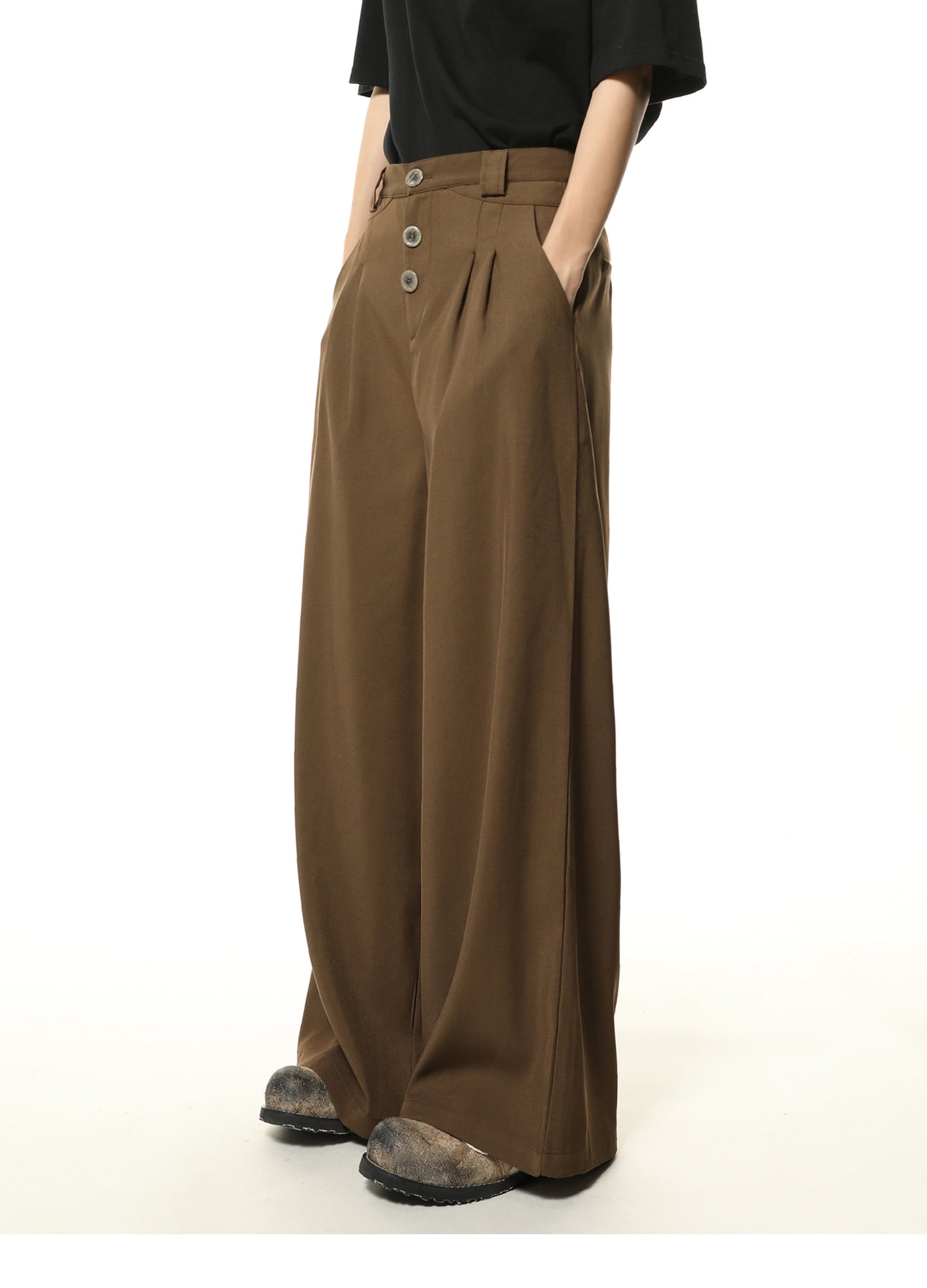 Ruffle design multi-button casual wide pants