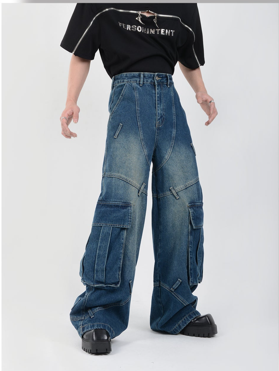 Multi-pocket heavyweight retro design denim pants