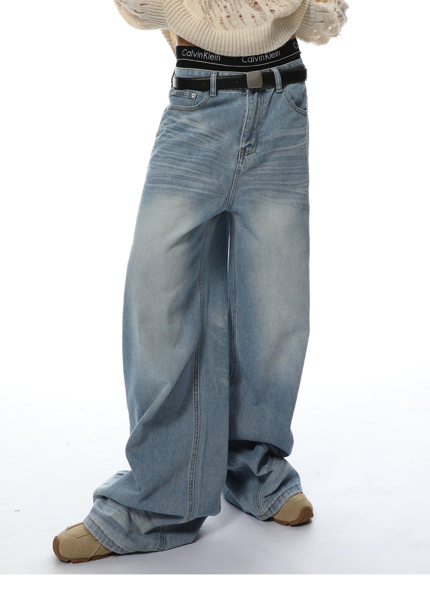 Loose Straight Washed Textured Denim Pants
