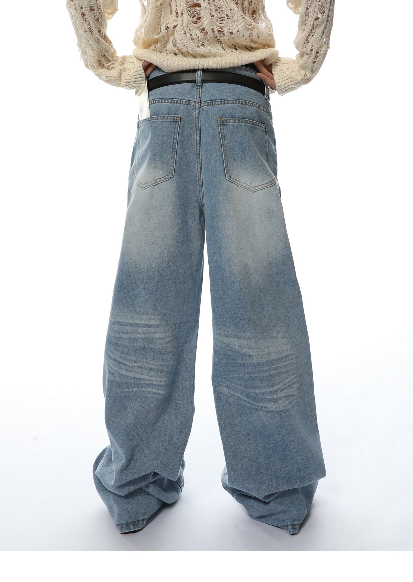 Loose Straight Washed Textured Denim Pants