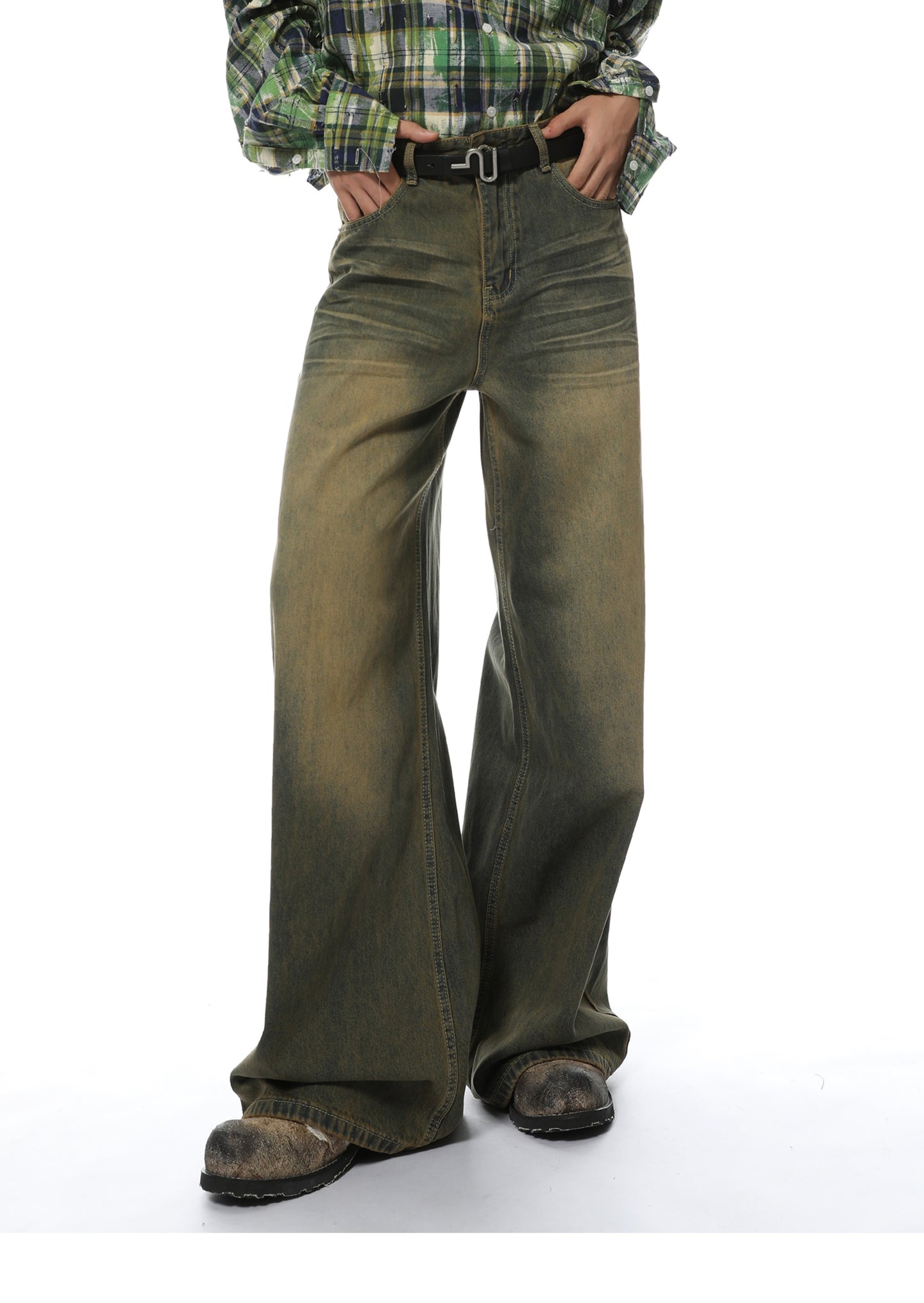 Loose Straight Washed Textured Denim Pants