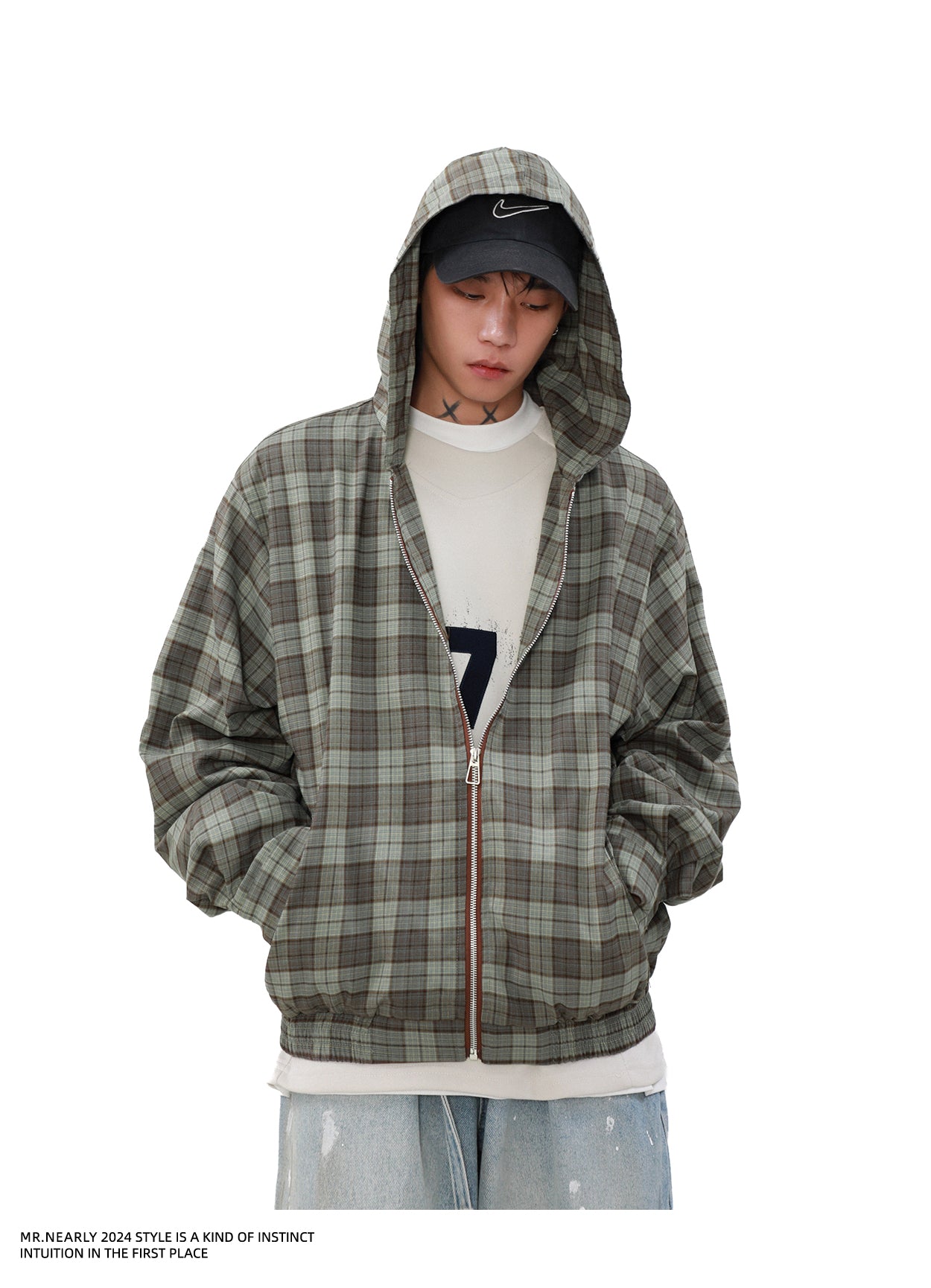 Checkered Zipper Work Jacket