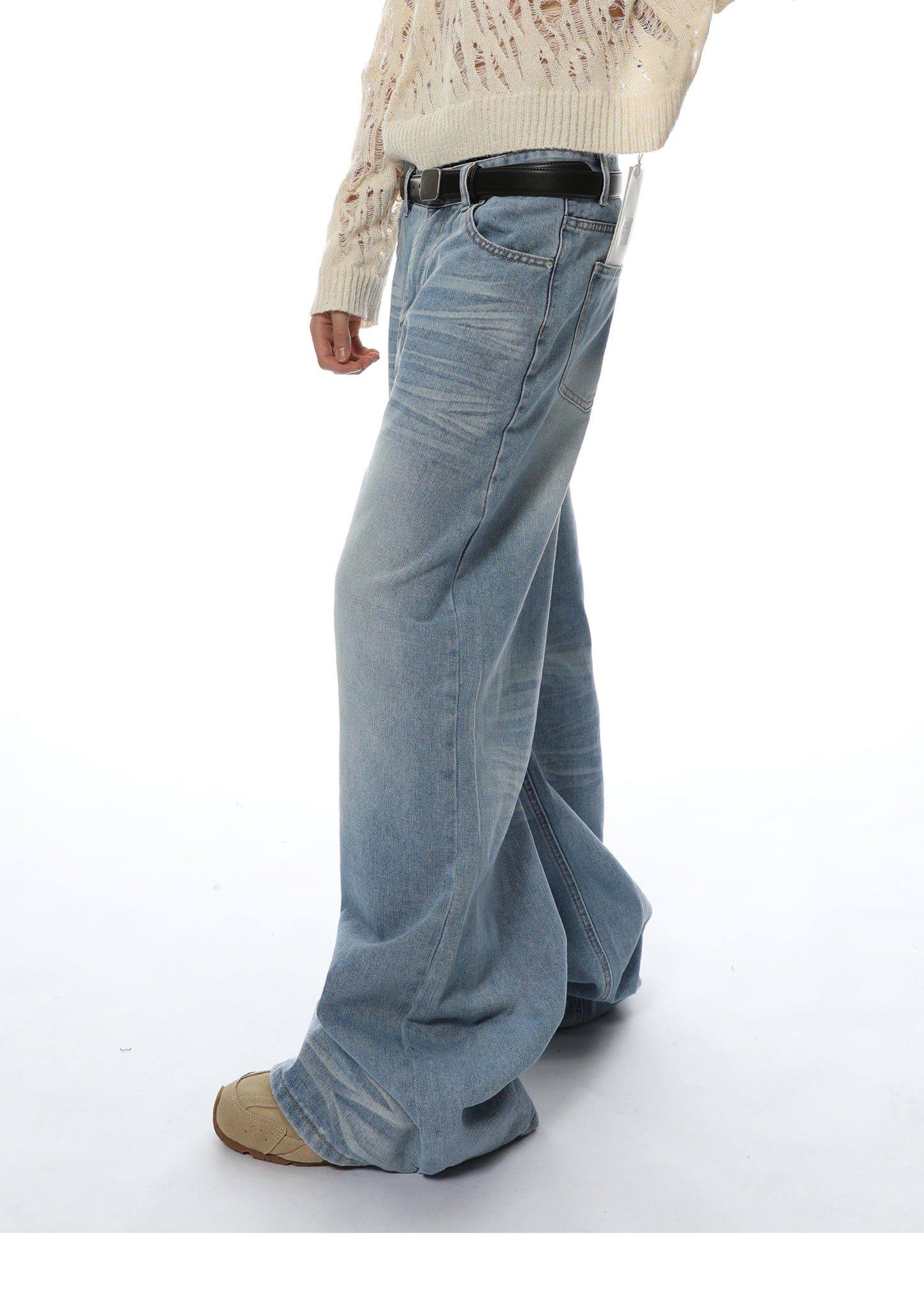 Loose Straight Washed Textured Denim Pants