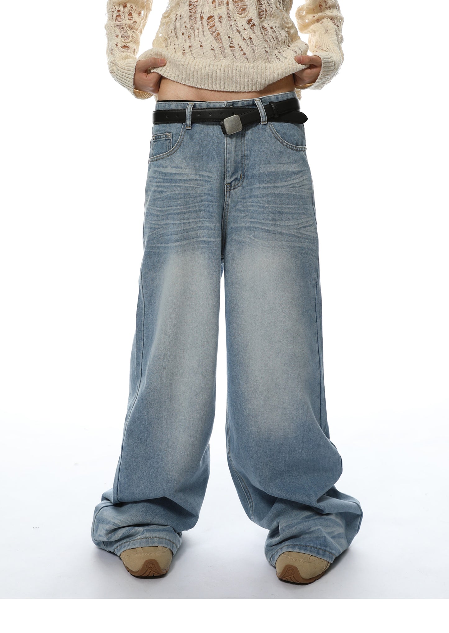 Loose Straight Washed Textured Denim Pants
