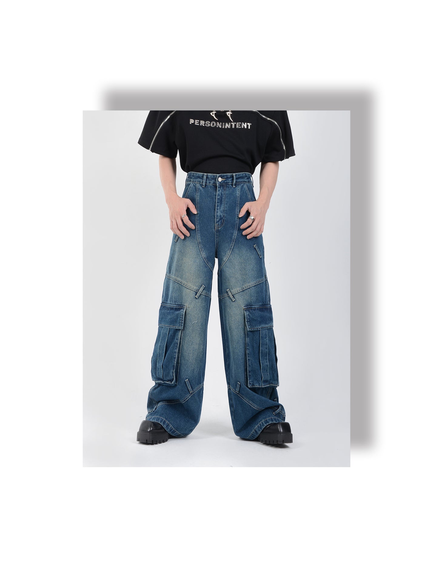 Multi-pocket heavyweight retro design denim pants