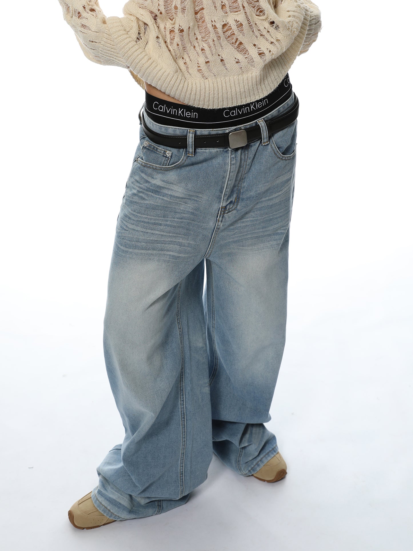 Loose Straight Washed Textured Denim Pants
