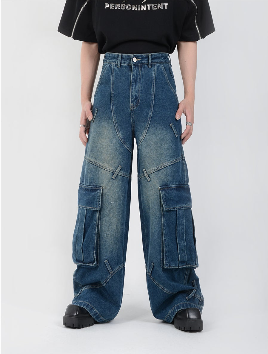 Multi-pocket heavyweight retro design denim pants