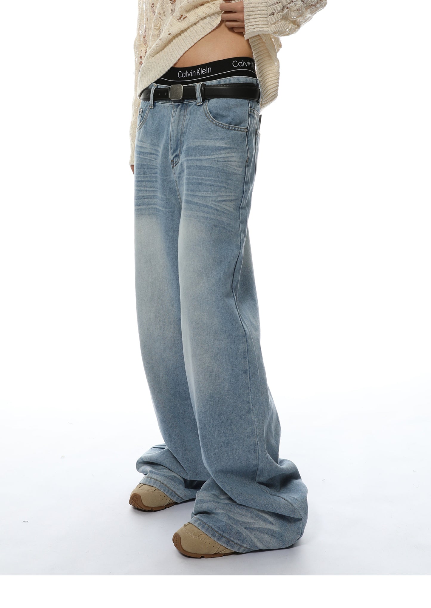 Loose Straight Washed Textured Denim Pants