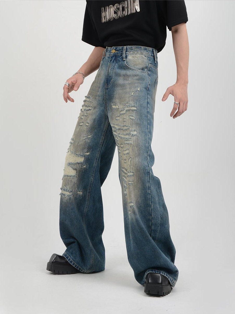 Loose Straight Dirty Wash Denim Pants