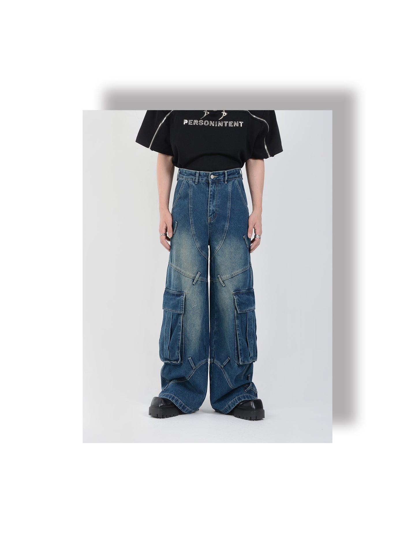 Multi-pocket heavyweight retro design denim pants