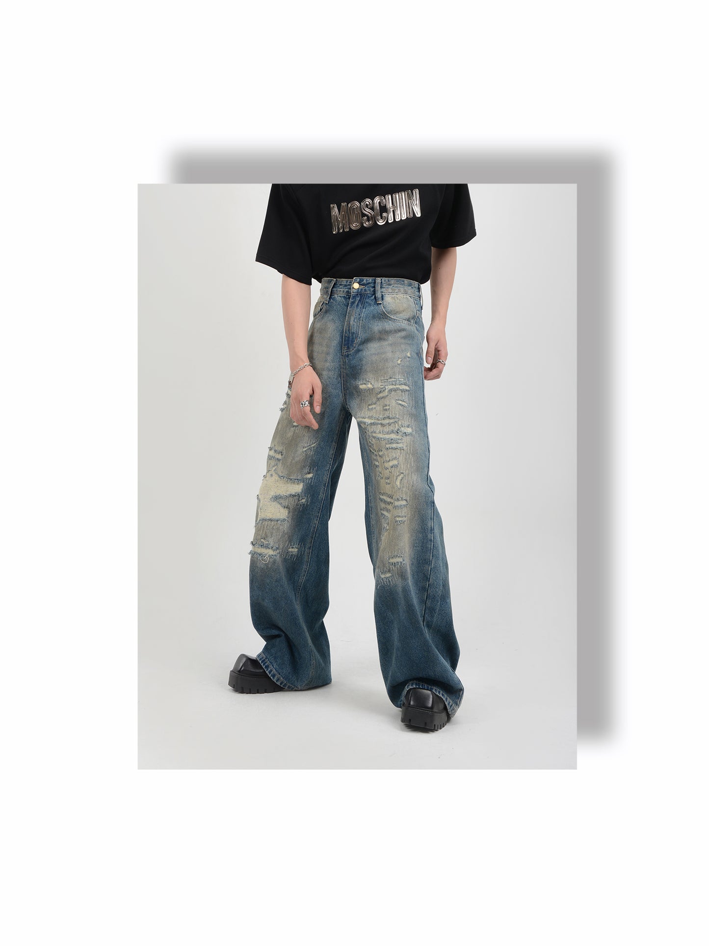 Loose Straight Dirty Wash Denim Pants