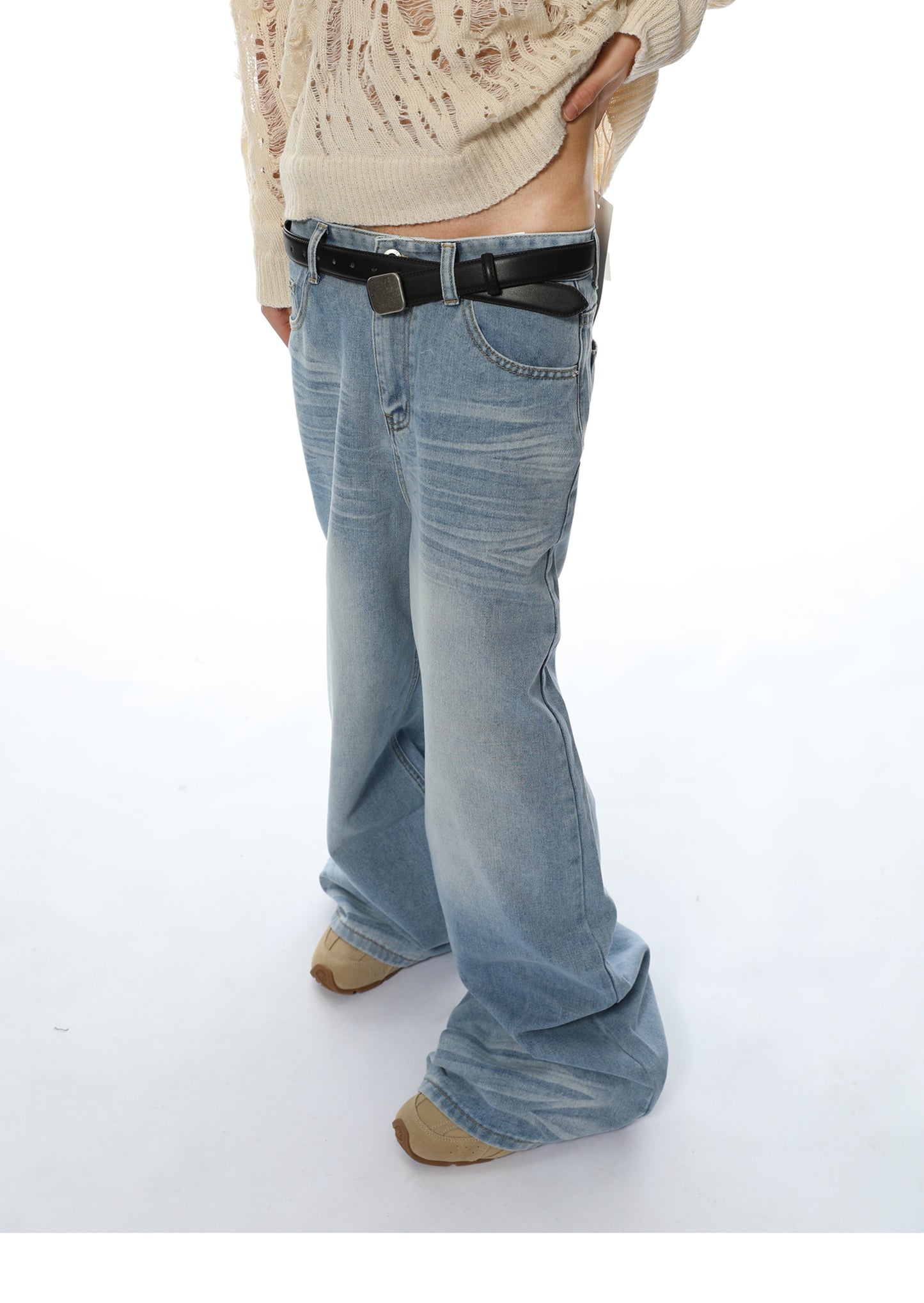 Loose Straight Washed Textured Denim Pants