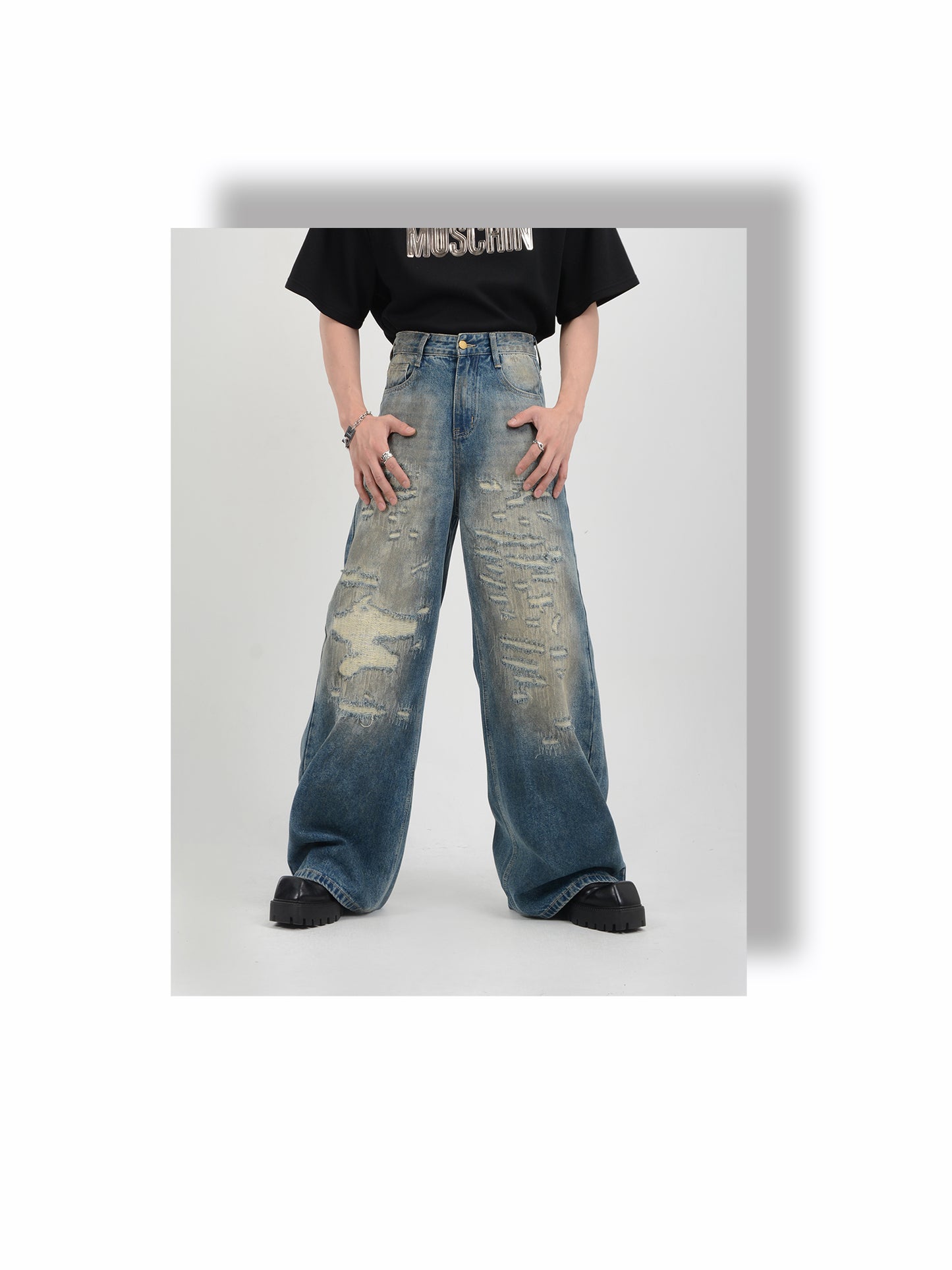 Loose Straight Dirty Wash Denim Pants