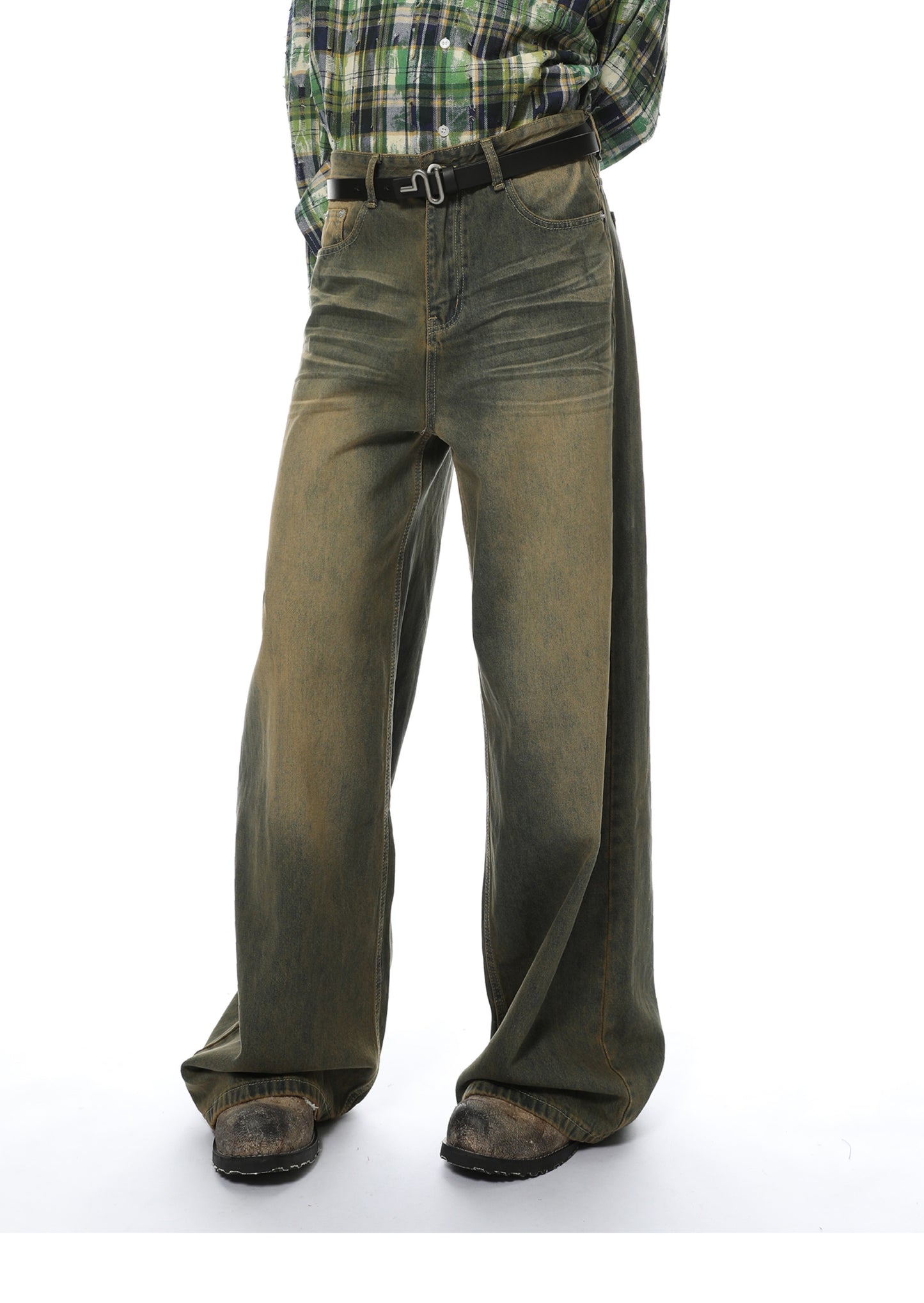 Loose Straight Washed Textured Denim Pants