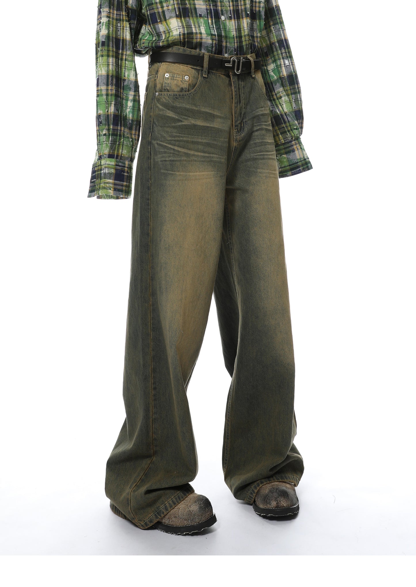 Loose Straight Washed Textured Denim Pants