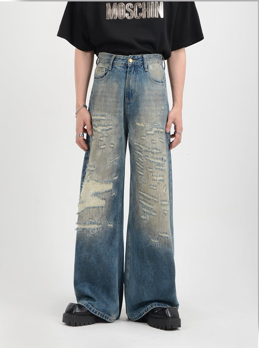 Loose Straight Dirty Wash Denim Pants