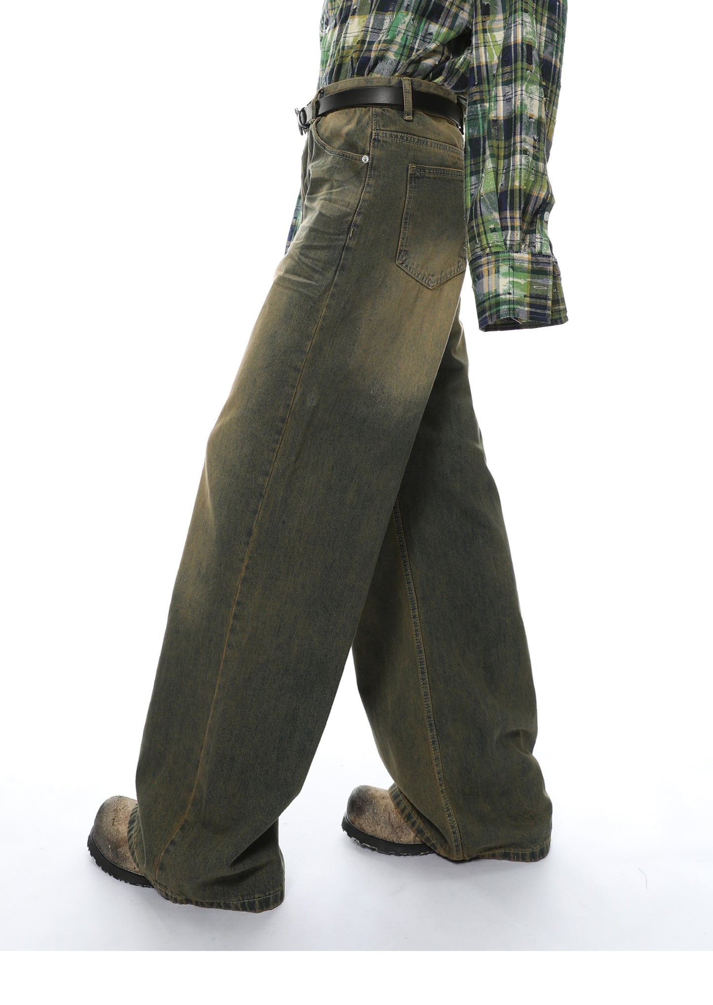 Loose Straight Washed Textured Denim Pants