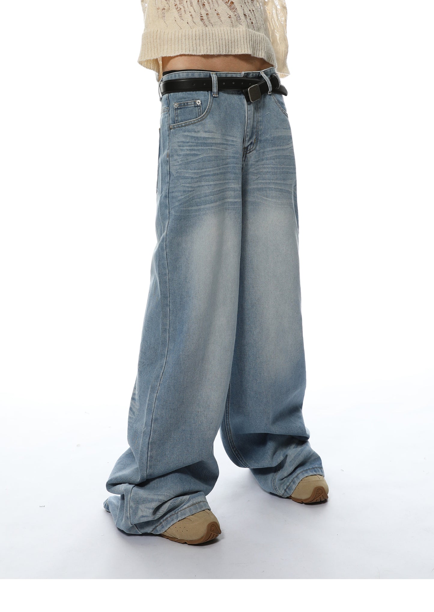 Loose Straight Washed Textured Denim Pants