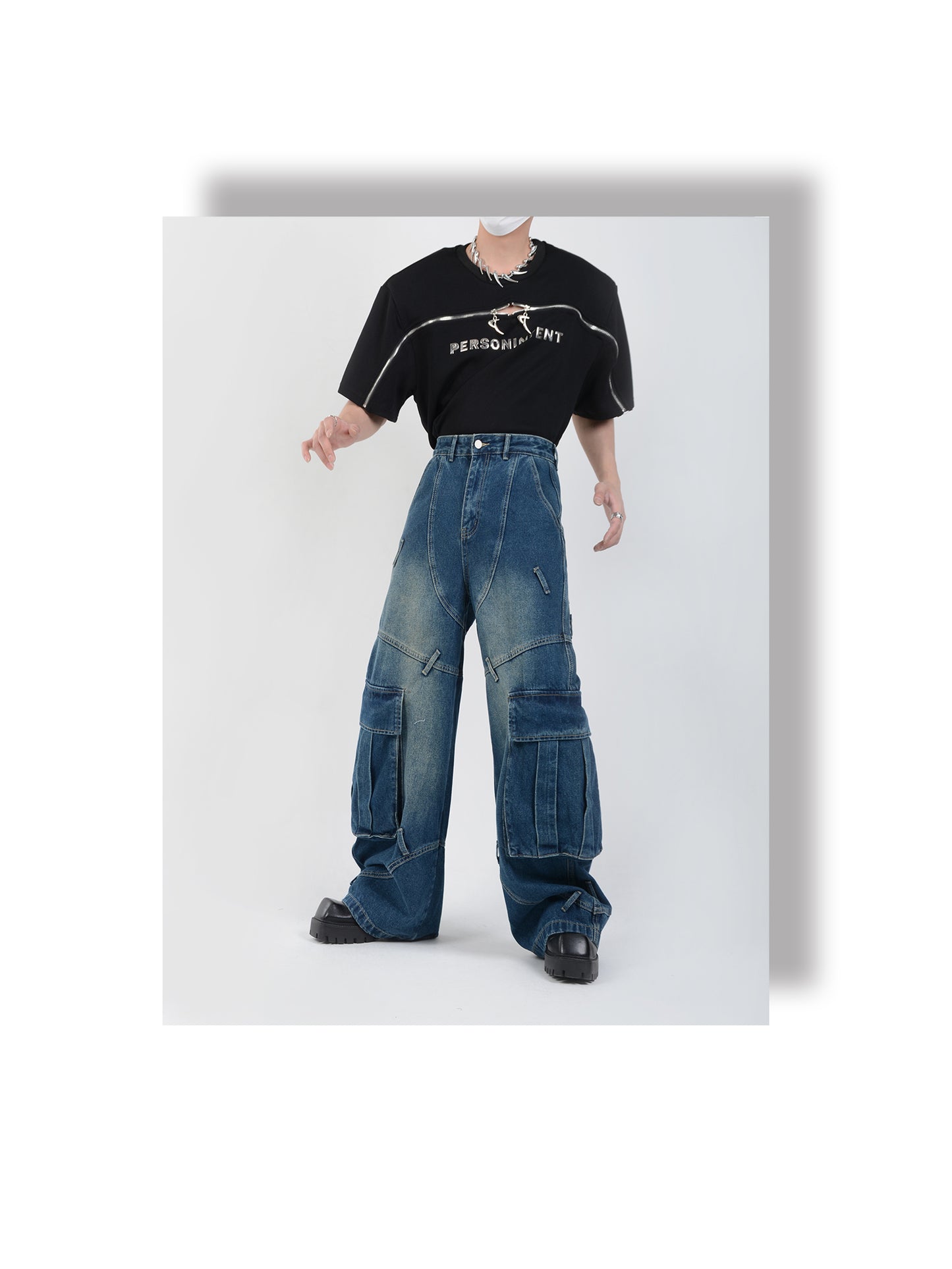 Multi-pocket heavyweight retro design denim pants