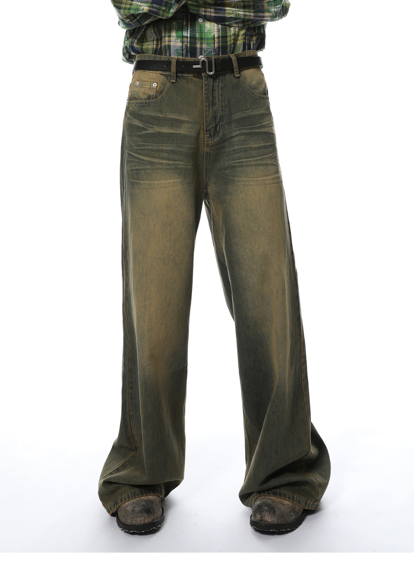 Loose Straight Washed Textured Denim Pants