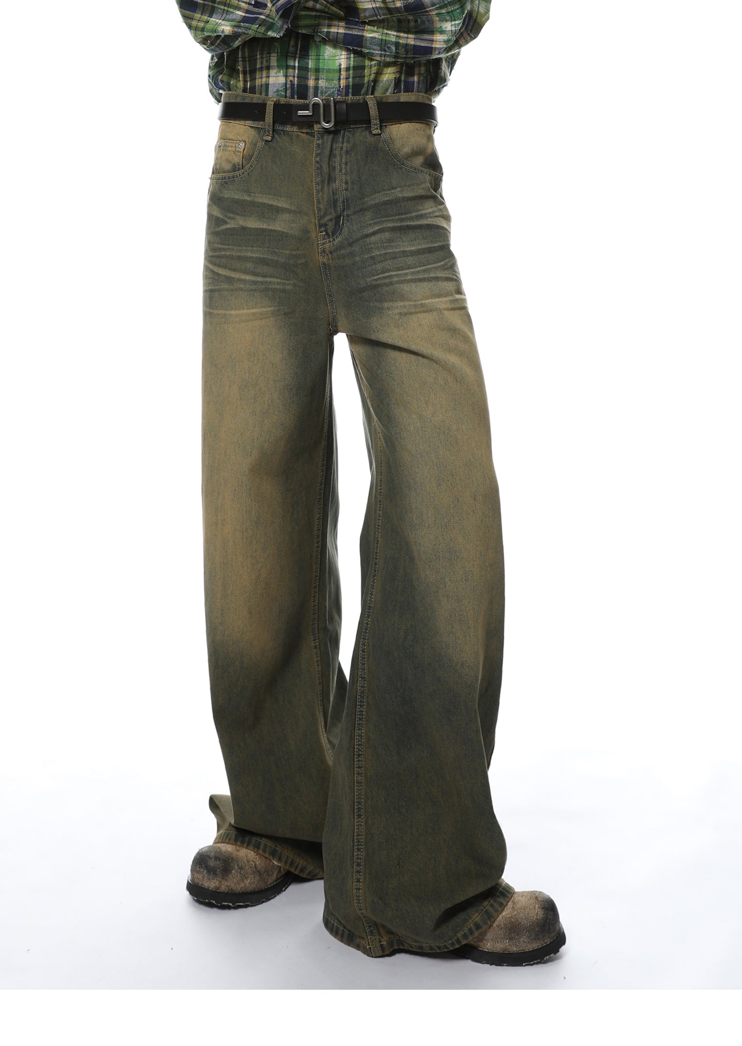 Loose Straight Washed Textured Denim Pants