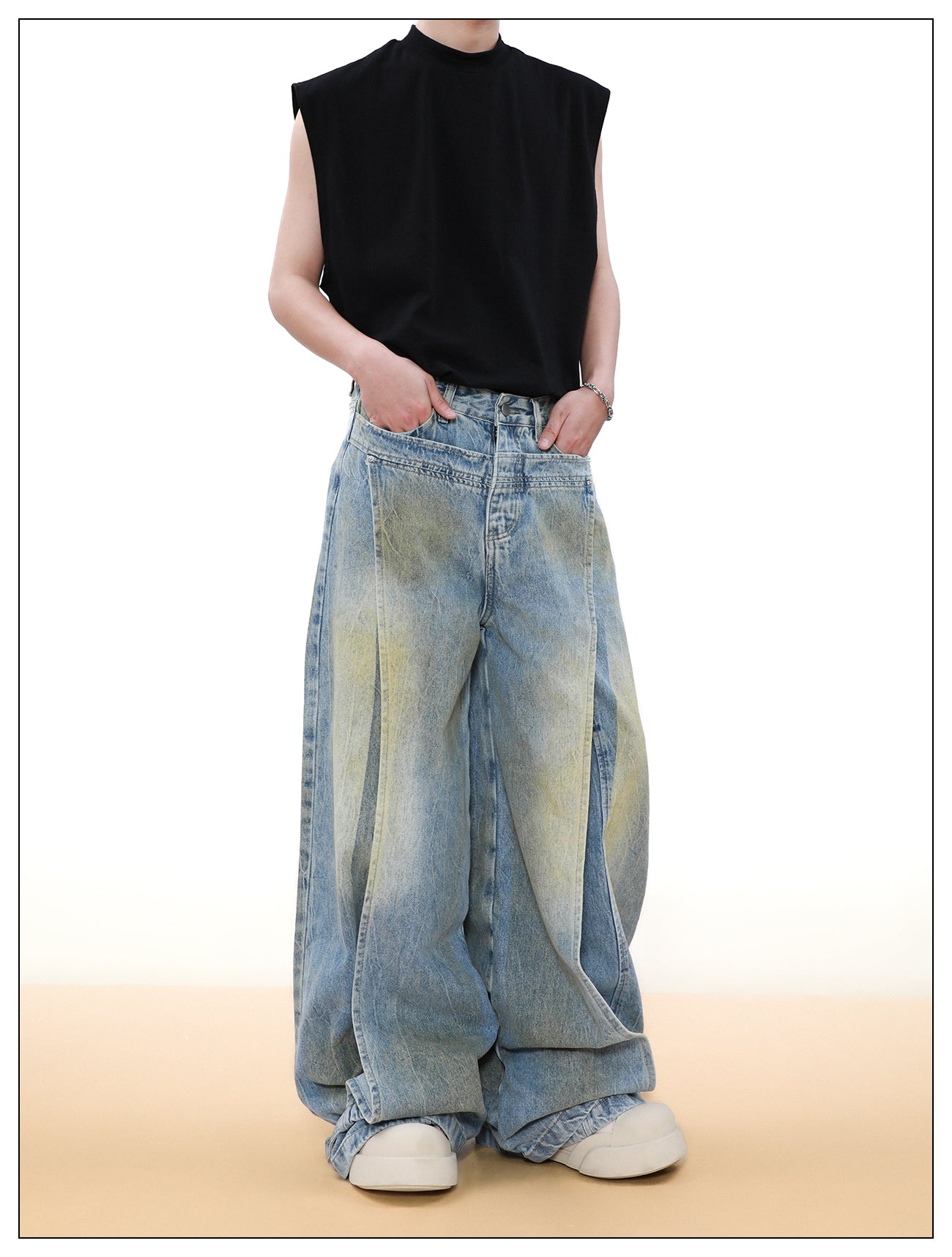 Wide leg deconstructed design denim pants