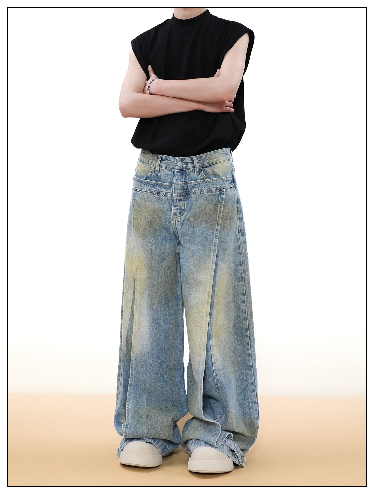 Wide leg deconstructed design denim pants