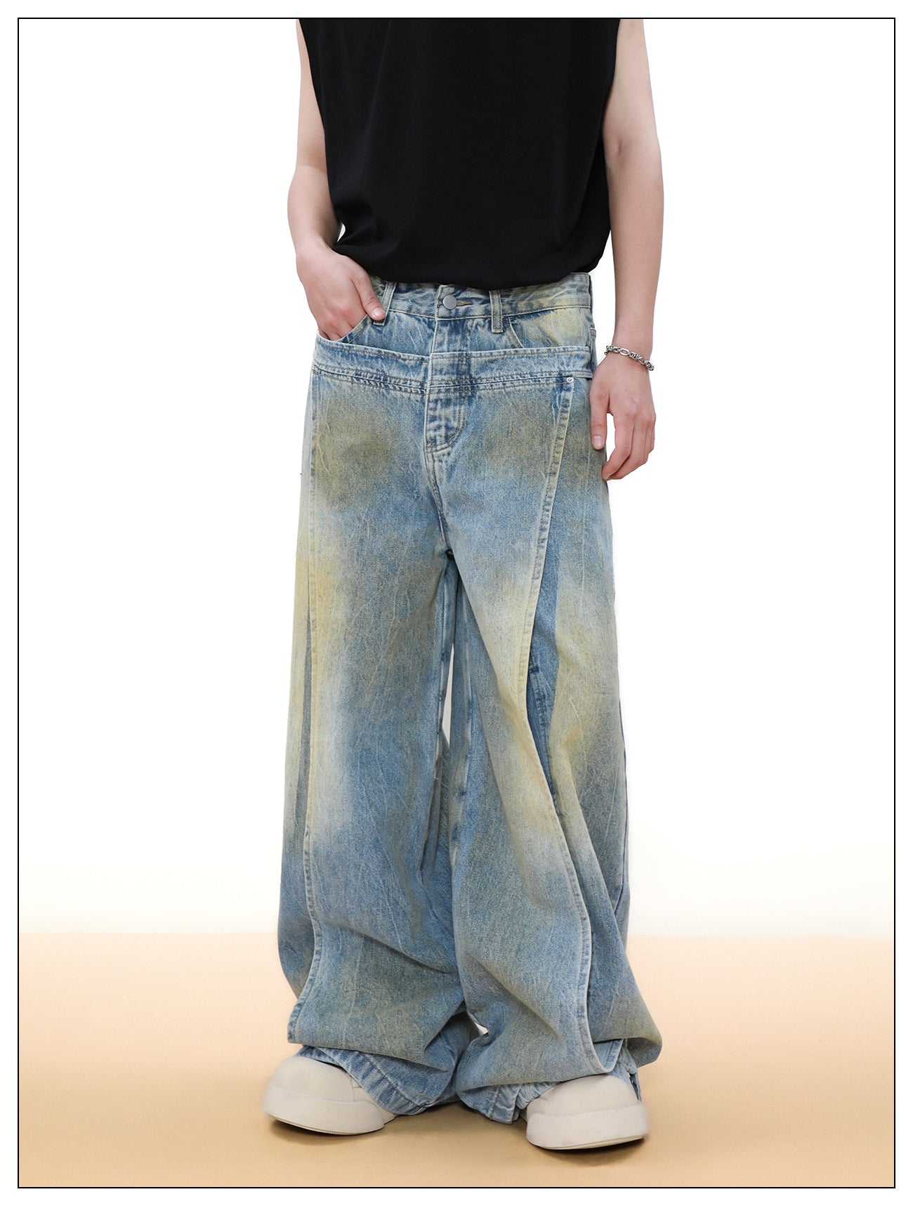 Wide leg deconstructed design denim pants
