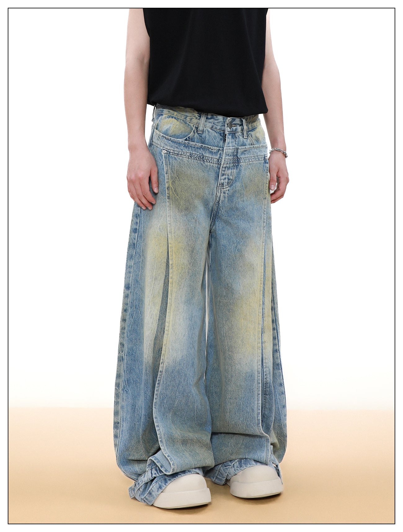 Wide leg deconstructed design denim pants