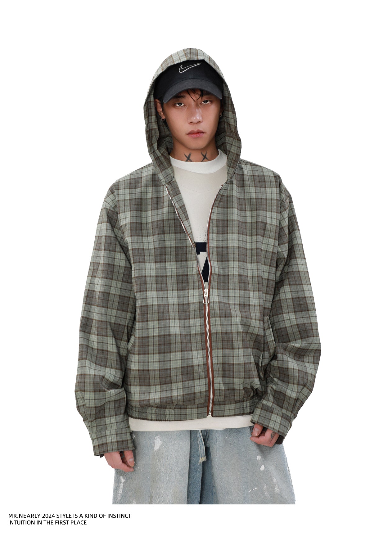 Checkered Zipper Work Jacket