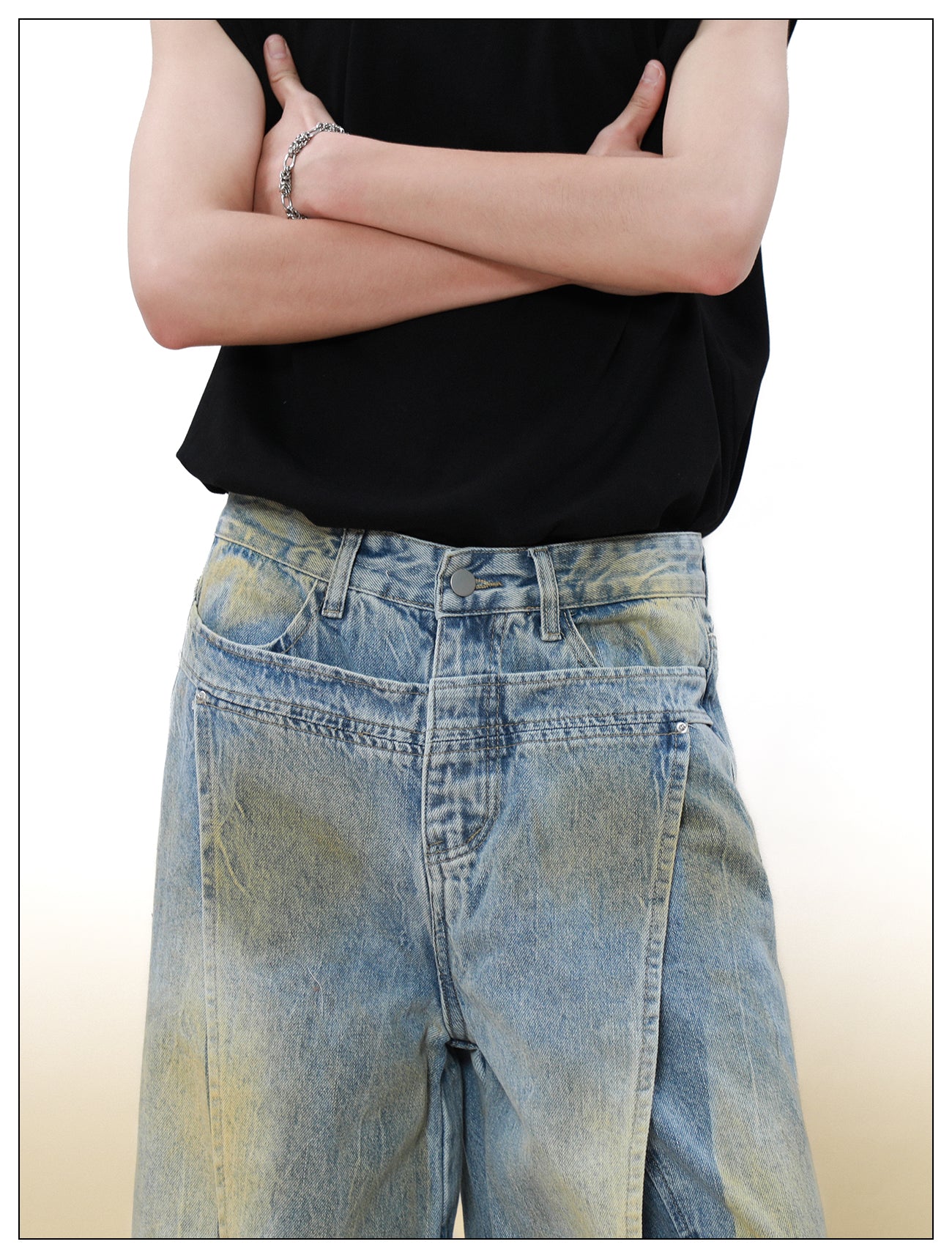 Wide leg deconstructed design denim pants